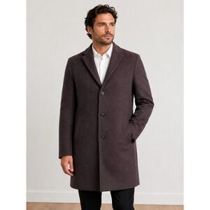 Calvin Klein Mens Slim Fit Wool Blend Overcoat Black Burgundy Plum 40S